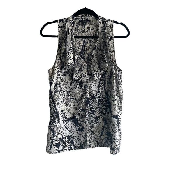 𝅺BANANA REPUBLIC Silk Printed Sleeveless V-Neck Blouse Tank Top Ruffle Belt S - Picture 2 of 7